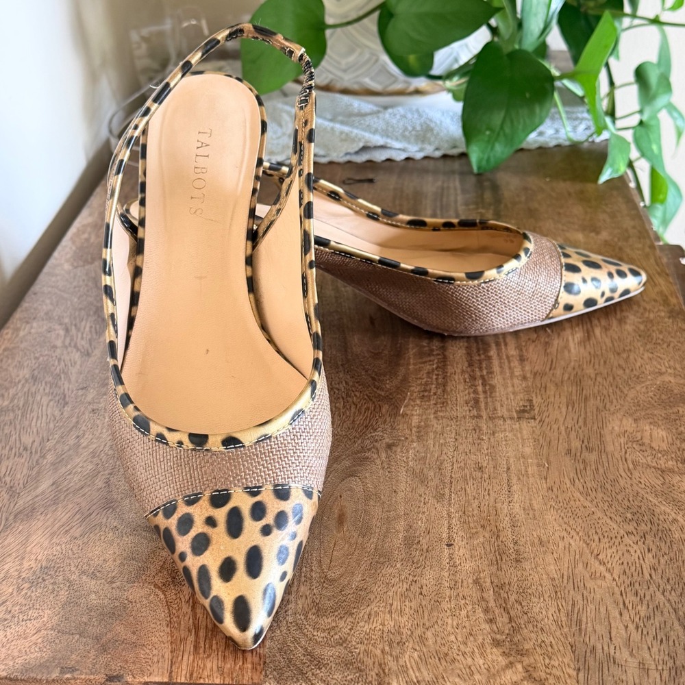 Talbots Size 9B Leopard Print Slingback Kitten Heels Pointed Toe Office Siren